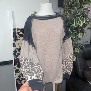 Easel Long Sleeve Top with Leopard Print